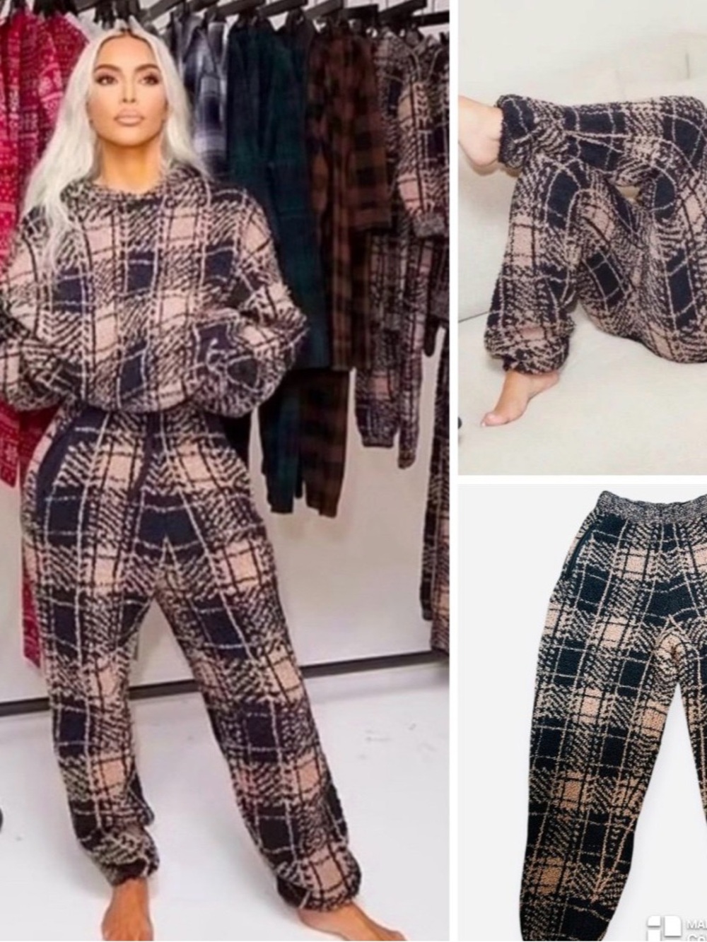 SKIMS Plaid Cozy Lounge Joggers - Black & Beige